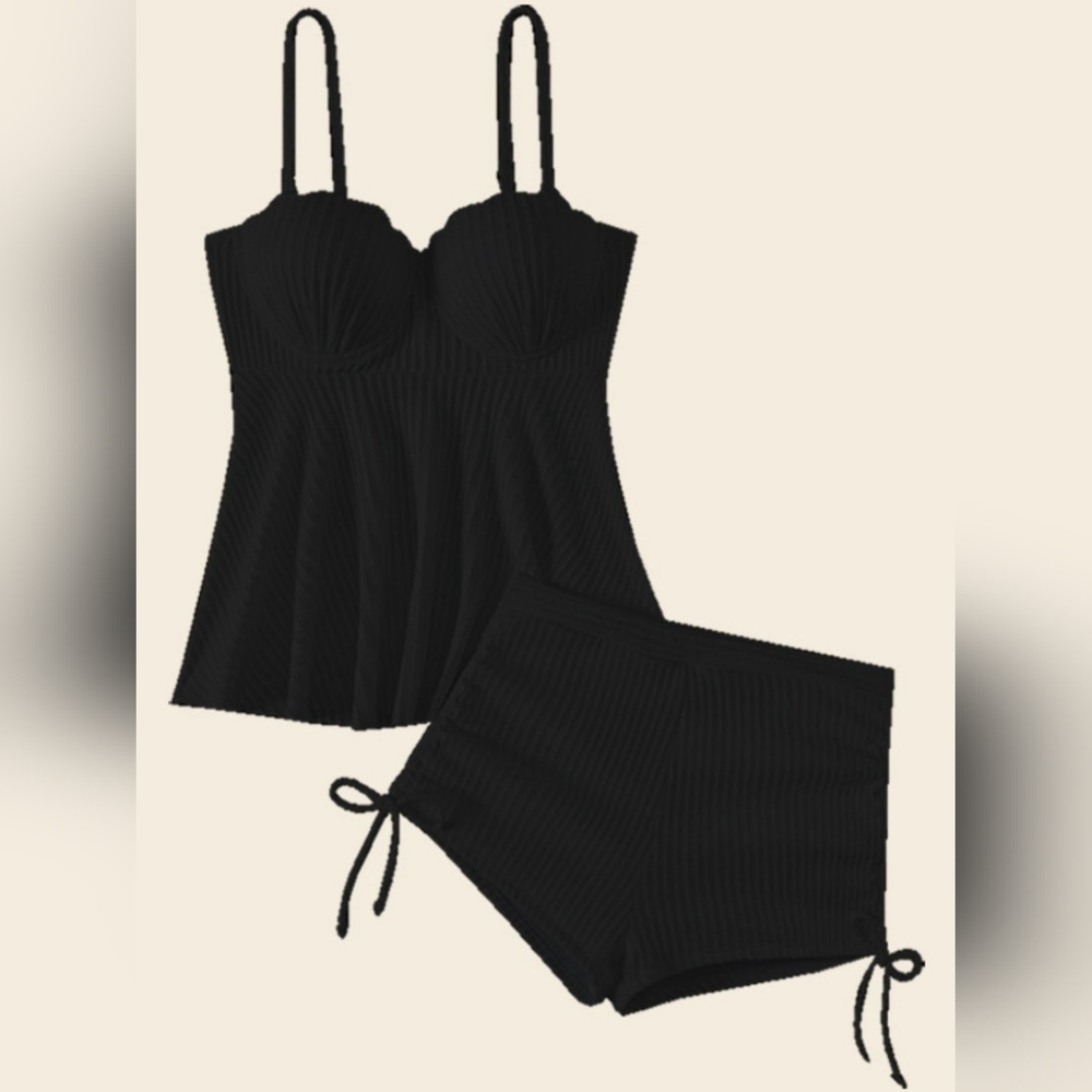 Textured Drawstring Spaghetti Strap Two-Piece Swim Set - Picture 3 of 5